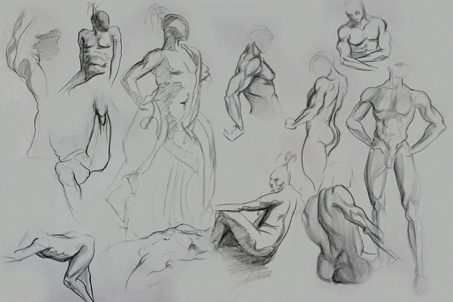 Graphite sheet of quick gesture drawings of standing, seated, and twisting male figures