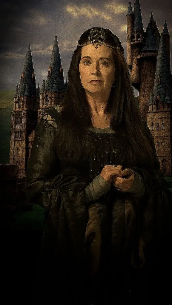 Spring founder's portrait composite: a painterly portrait of a woman with long dark hair and a jeweled circlet in front of the castle towers