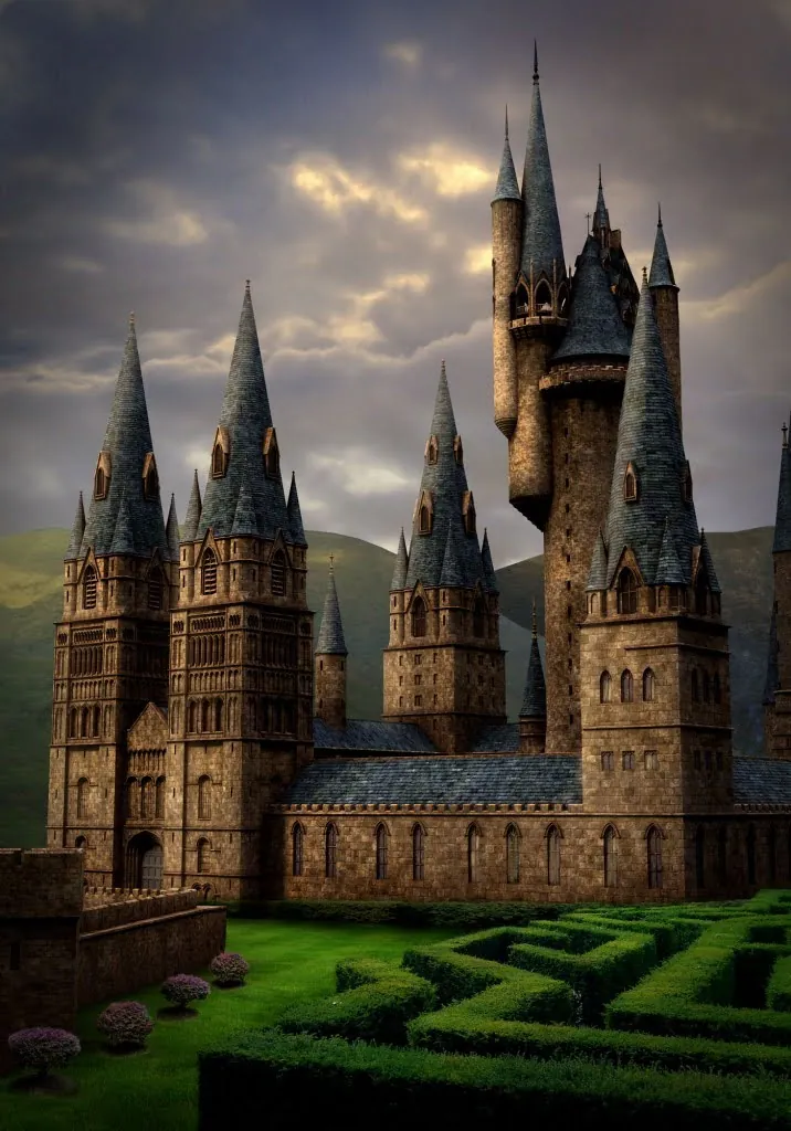 Spring matte painting for Hogwarts Castle: slate-roofed spires above a trimmed hedge maze under a cloudy sky