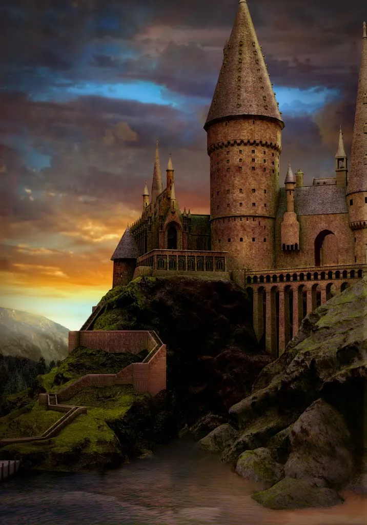 Summer matte painting for Hogwarts Castle: a large round tower on a mossy cliff at sunset over a dark lake
