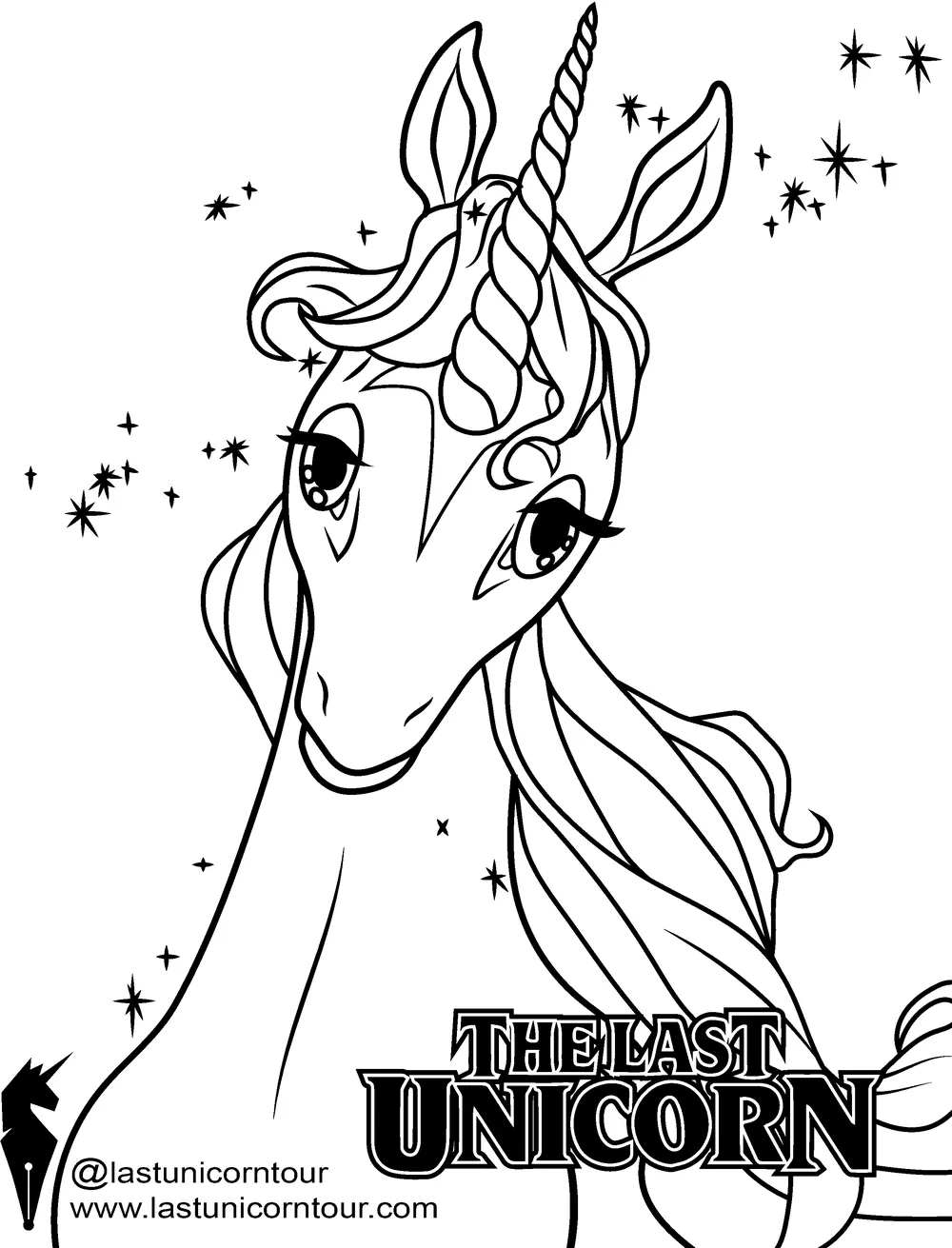 Black line art of a unicorn's head tilted to one side, surrounded by stars, with The Last Unicorn Tour title and web address