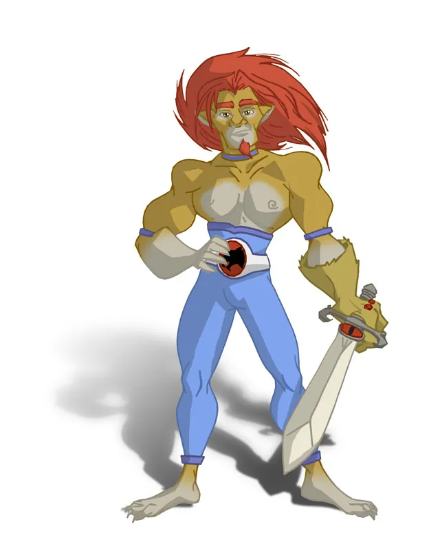 Character illustration of a red-maned, feline-featured warrior in blue trousers holding a sword, with an eye emblem on his belt