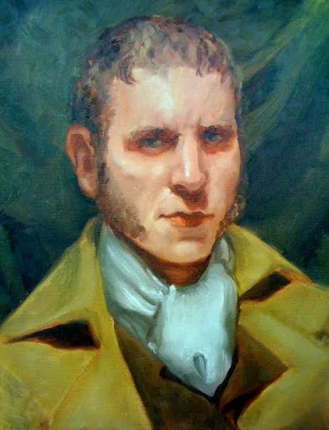 Oil portrait of a man in a mustard-yellow coat and white cravat against green drapery