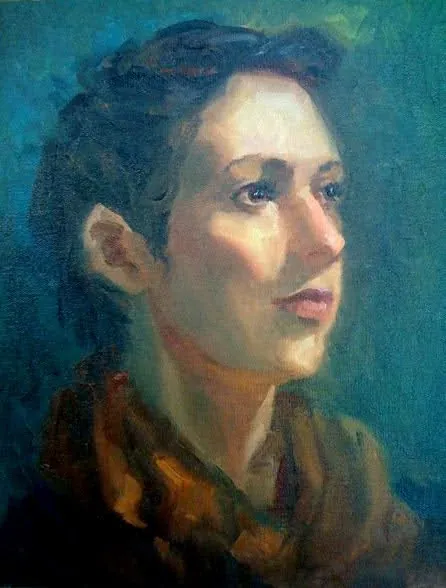 Oil portrait of a woman in three-quarter profile with dark hair pinned up, against a teal ground