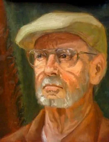 Oil portrait of an older man with a white beard and glasses wearing a flat cap