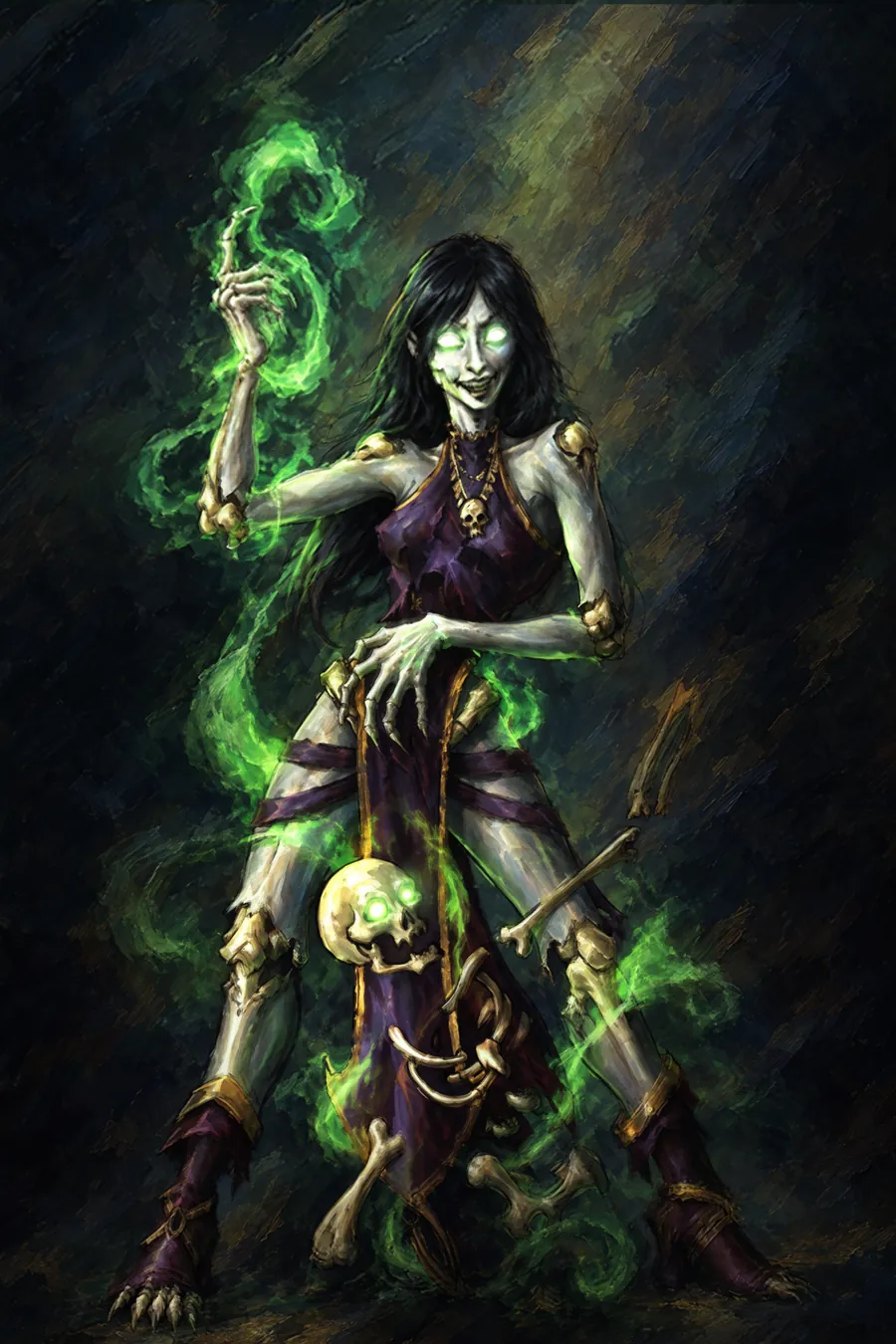 Painterly illustration of a pale undead woman with glowing green eyes, black hair, and a purple dress, conjuring green magic while bones and a glowing skull gather around her